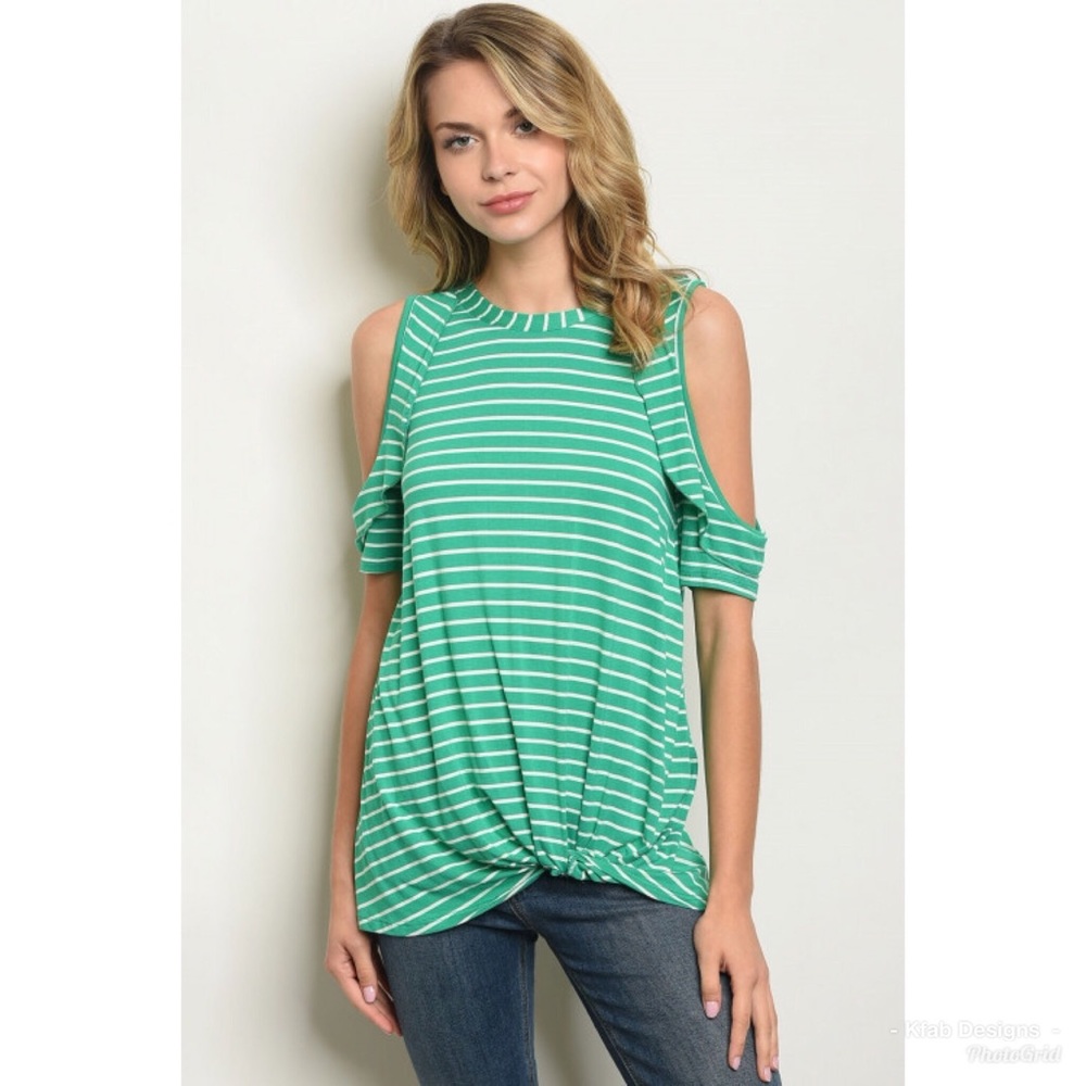 🛍LAST 1! Green Striped Cold Shoulder Top! - Picture 6 of 6